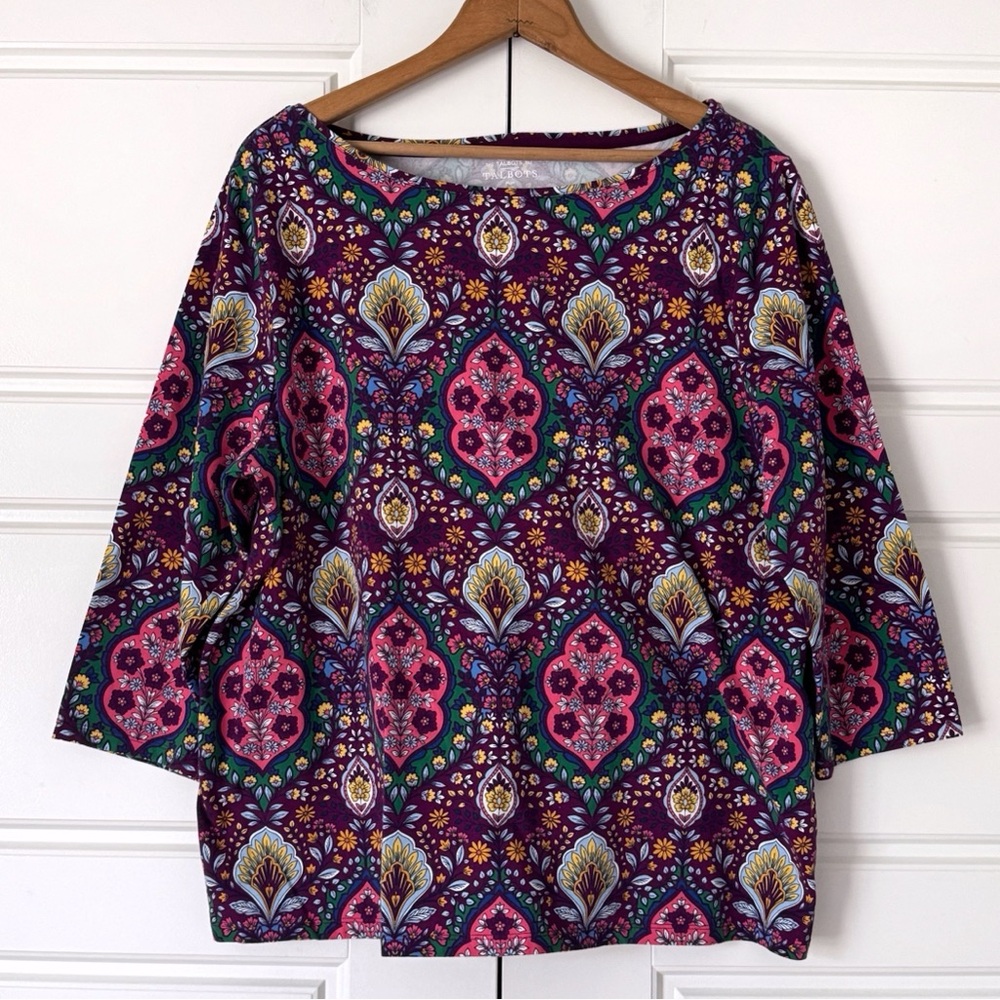 Talbots Tee Floral Knit Top Womens 2X Purple 3/4 Sleeve Stretch Casual Colorful